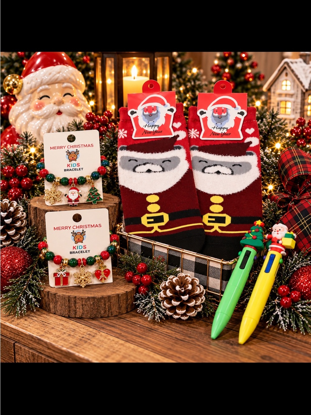 Christmas Bundle Kids Holiday Socks, bracelets and Pens